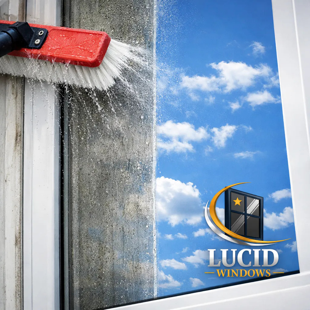 Professional window cleaner using brush and water spray